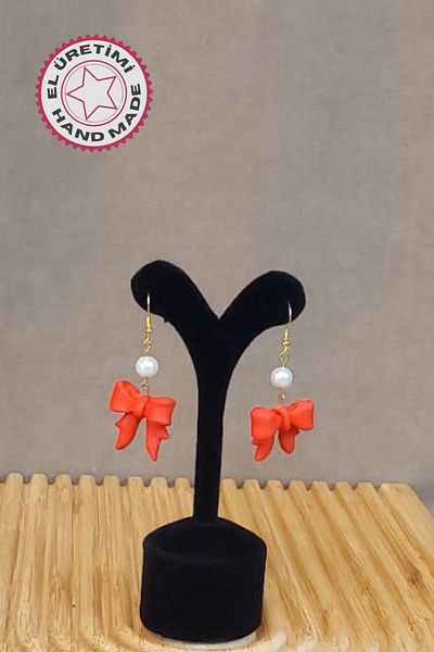 Uretti - Hatice 4962 Handmade Pearl Detailed Polymer Clay Bow Earrings