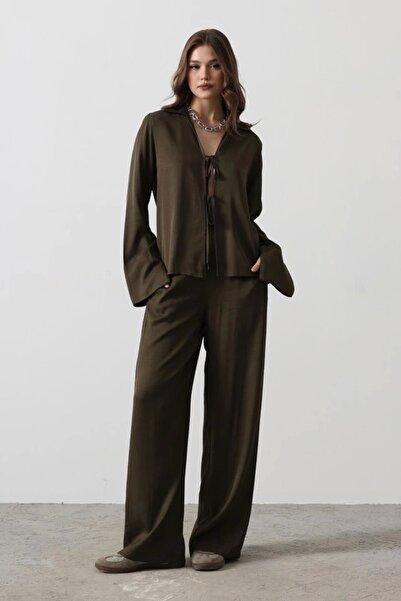 goopall Front Piping Blouse and Trousers Set Khaki