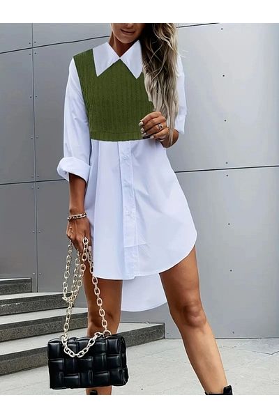 Silerra Rochie de damă cu mânecă lungă, guler de cămașă, dublă culoare, tricot