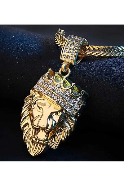 sarıyer silver Lion King Crown Model Yellow Colored Coated Zircon Stone Embroidered Lion Steel Necklace