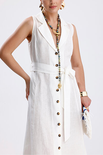COLLECTİON Leona 100% Linen Front Button Belted Long Dress