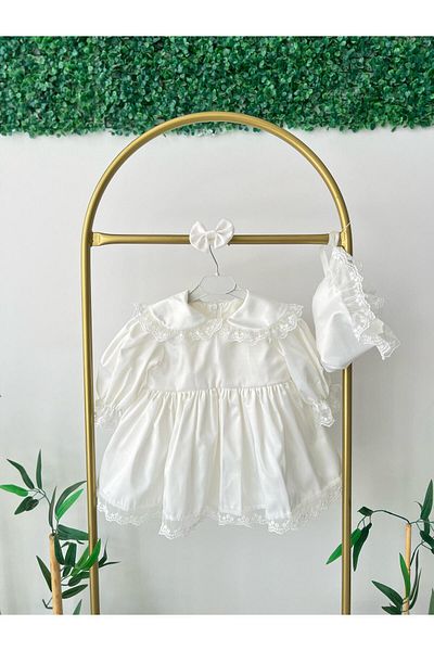 Hobidik Baby Collar Off-White Guipure Lace Satin Dress Set