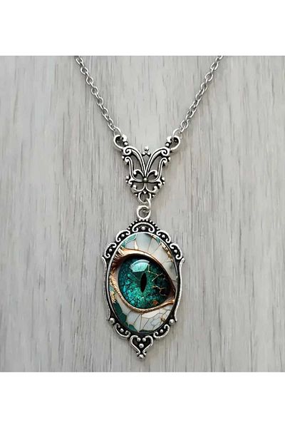 sarıyer silver Eye Model Charm Themed Glass Embroidered Retro Vintage Stylish Style Eye Steel Necklace