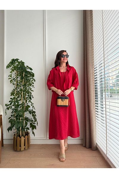 My Blog Red Modal Shirt Dress Set - 51153