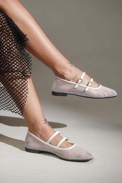 lovitto Women's Tape Buckle Detailed Leather Mesh White Ballerinas
