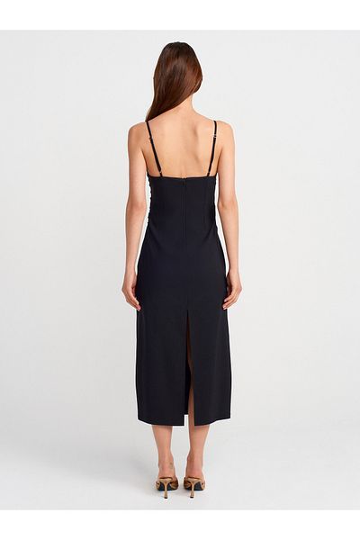 Dilvin 91479 Gathered Midi Dress-Black