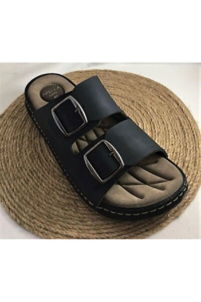 Apella Large Size Soft Leather Orthopedic and Light Sole Double Buckle Adjustable Men's Slippers Black