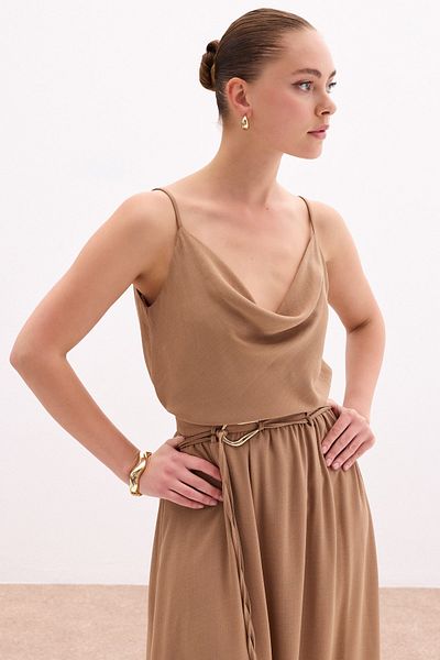 Sateen Flounce Collar Draped Blouse - Mink