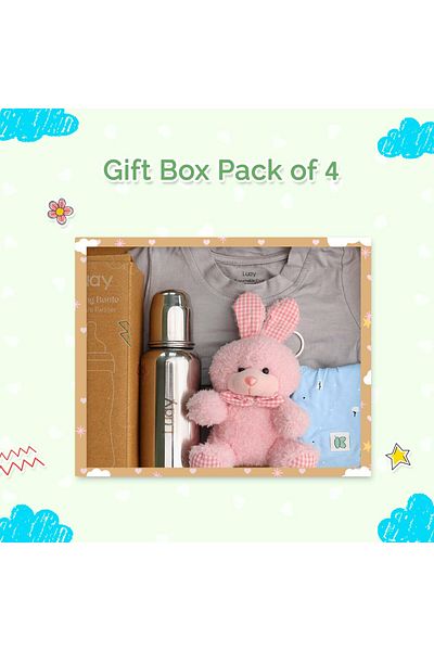 luay Premium Gift Box Set with Onesie, Feeding Bottle, Baby Bib and Teddy Bear for Babies (9-12 M)