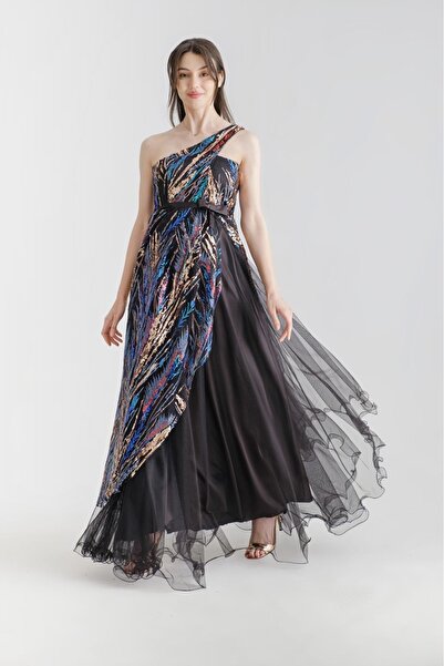 Desen Hamile Giyim Siyah Tül Üzeri Payet İşlemeli Abiye Hamile Elbise