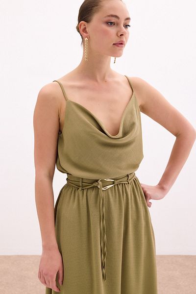 Sateen Flared Collar Draped Blouse - Khaki