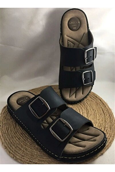 Apella Large Size Soft Leather Orthopedic and Light Sole Double Buckle Adjustable Men's Slippers Black