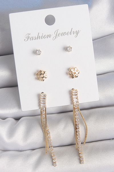 Skygo Brass Gold Color Zircon Stone Dangle Model Snowflake Detail 3 Pair Women Earrings Set - Tj-Bkp10609