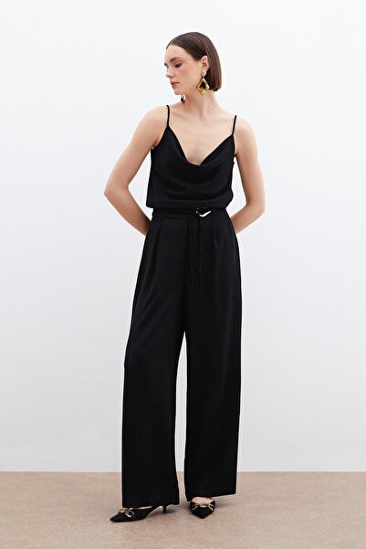 Sateen Degaje Yaka Dökümlü Bluz - Siyah