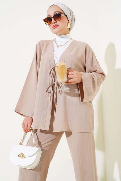 MODA HEVRA Women's Front Tied Kimono Double Set