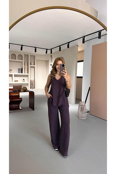 Sezgi Tekin V-Neck Blouse Loose Trousers Plum Modal Set