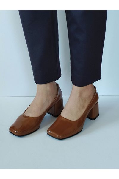 ERS Air Comfort Women's Tan Patent Leather Genuine Leather Classic Heeled Shoes Blunt Toe Simple Stylish