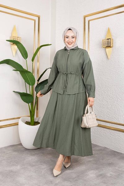 QUAWEAR Zippered Lace-Up Shirt and Skirt Strawberry Fabric Double Set