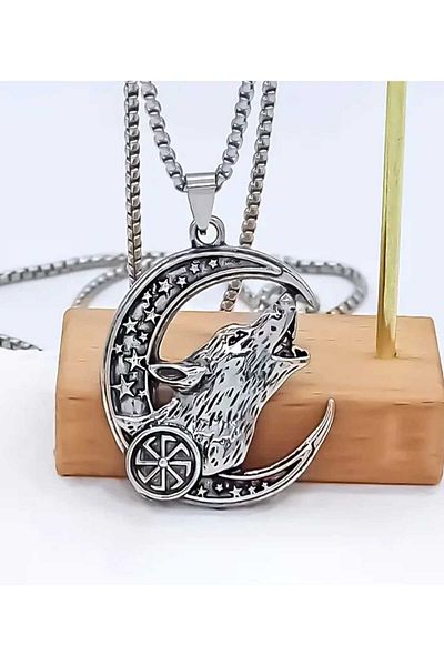 sarıyer silver Wolf and Crescent Moon Model Viking Themed Star Embroidered Antique Fantastic Vintage Design Steel Necklace