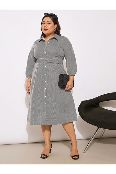 Sassafras By Styli Plus Size Striped Belted Midi Shirt Dress