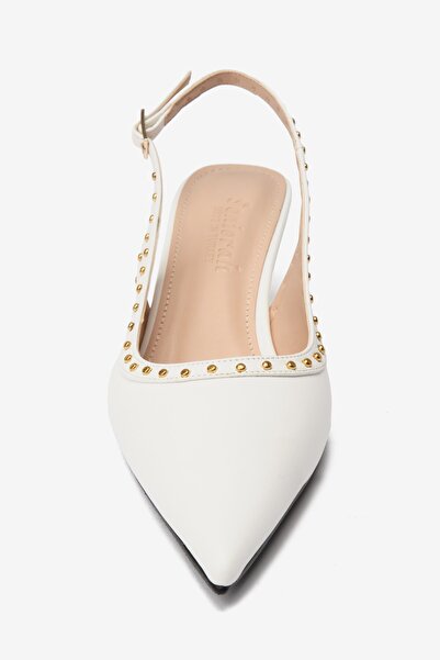 Seniorah White Skin Studded Pointed Toe Women's Heeled Shoes