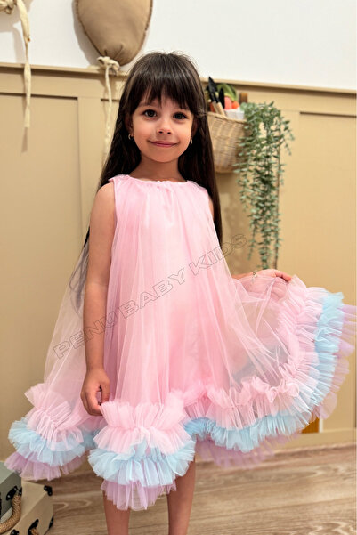 penu baby kids Pembe Etek Ucu Renkli Fırfırlı Parlak Saten Üstü Kloş Tül Jile Kız Bebek & Kız Çocuk Elbise - Donna