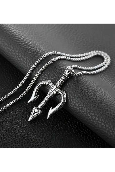 sarıyer silver Poseidon Spear Figured Triple Pronged Spear Neptune Themed Mythology Fantastic Style Sailor Steel Pendant