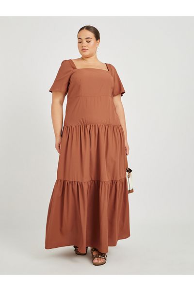 Styli Plus Size Puff Sleeve Square Neck Tiered Maxi Dress