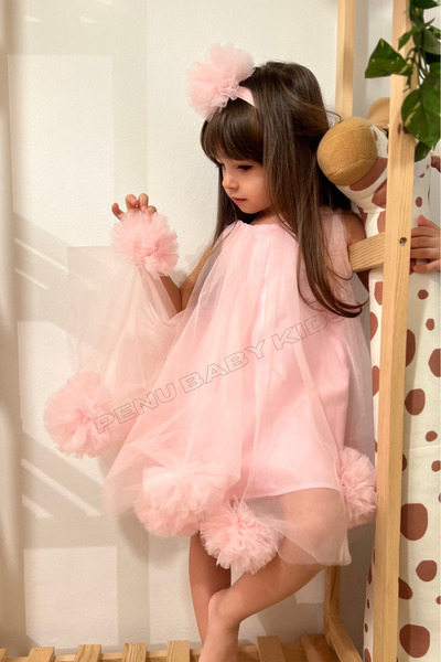 penu baby kids Pembe Kolsuz Etek Ucu Ponponlu Ve Ponpon Taçlı Kız Bebek & Kız Çocuk Elbise - Lara