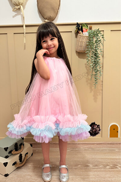 penu baby kids Pembe Etek Ucu Renkli Fırfırlı Parlak Saten Üstü Kloş Tül Jile Kız Bebek & Kız Çocuk Elbise - Donna