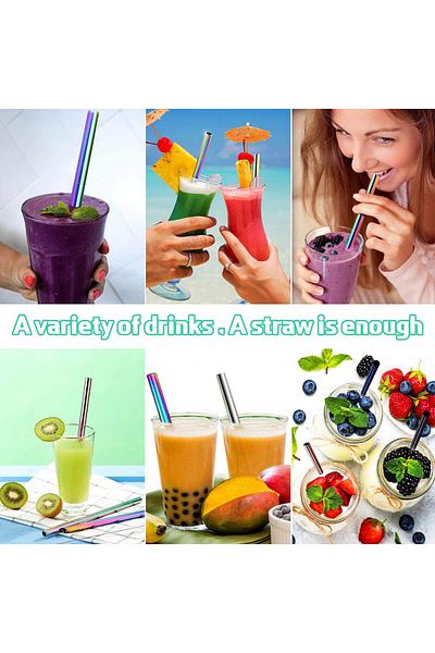 WELLXUNK Set of 5 straws with 2 cleaning brushes and storage bag WELLXUNK, stainless steel, multicolor