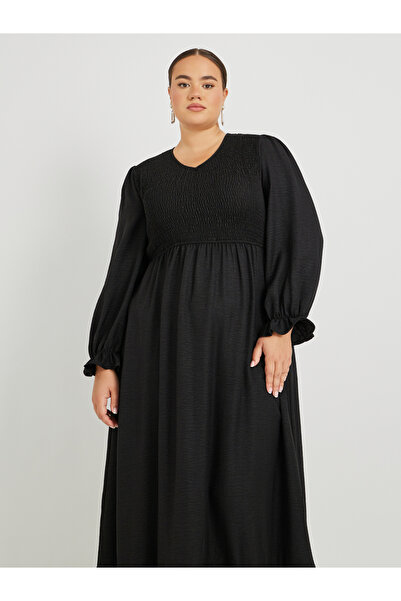 Styli Plus Size Solid Long Sleeves Smocked A-Line Maxi Dress