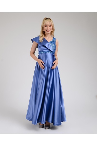 Desen Hamile Giyim İndigo Saten Üzeri Payet İşlemeli Abiye Hamile Elbise