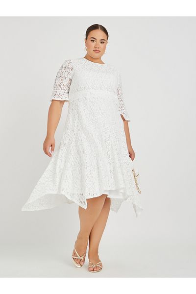 Styli Plus Size Lace High Neck Asymmetric Hem A-Line Midi Dress