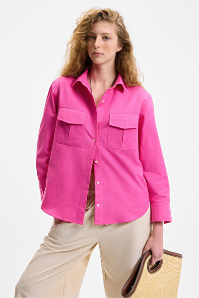 GRIMELANGE Rigo Women Shirt Collar Long Sleeve Regular Long Slim Fuchsia Shirt