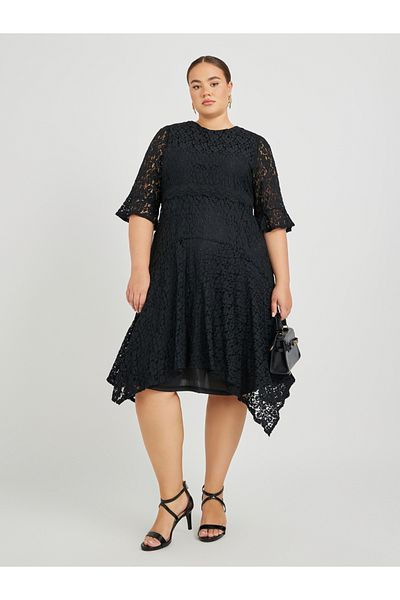 Styli Plus Size Lace High Neck Asymmetric Hem A-Line Midi Dress