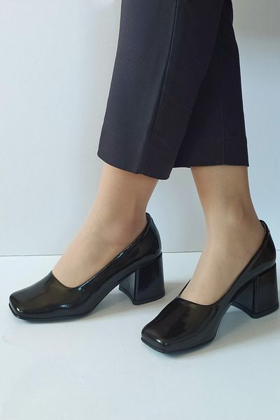 ERS Air Comfort Women's Black Patent Leather Genuine Leather Classic Heeled Shoes Blunt Toe Simple Stylish