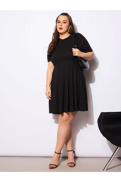 Sassafras By Styli Plus Size Ribbed Round Neck Knee Length Dress