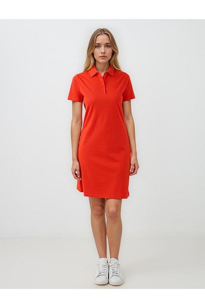Jimmy Key Red Straight Cut Shirt Collar Short Sleeve Mini Knitted Dress