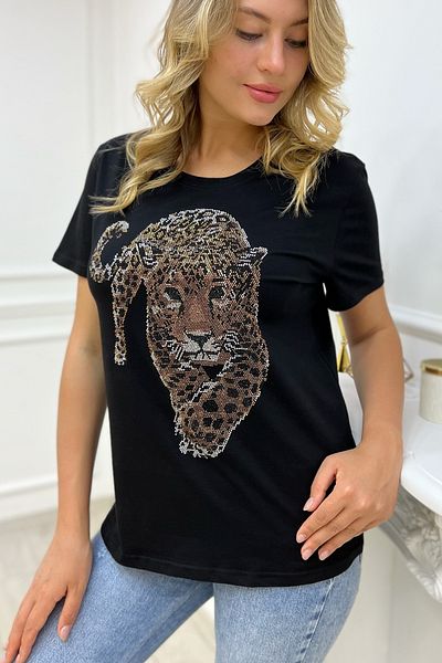 RICH GLAM Tiger Crystal Stone Plus Size Crew Neck Cotton Black Stylish Women's Blouse Short Sleeve T-Shirt T-Shirt