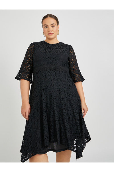 Styli Plus Size Lace High Neck Asymmetric Hem A-Line Midi Dress