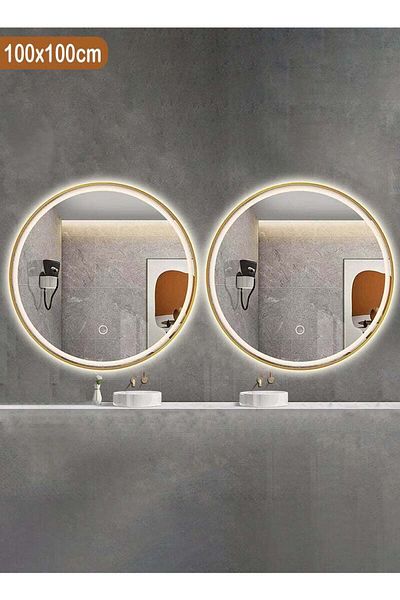 Taimi Set of 2 Round Mirrors with Gold Aluminum Frame and 3-Color LED Touch Front Light for Bathroom 100cm