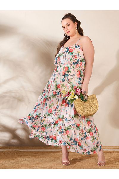 Sassafras By Styli Plus Size Floral Print Strappy Tired Maxi Dress