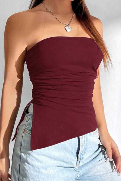 thesunfyre Women's Side Slit Side Gathered Strapless Crop Blouse
