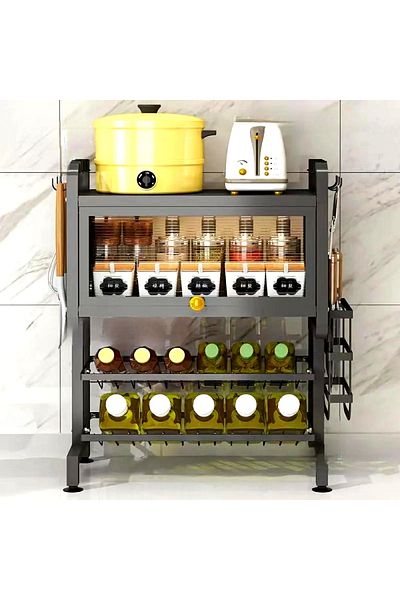 Un Multi-level kitchen storage with tool holder and shelves for storing oils and spices, black