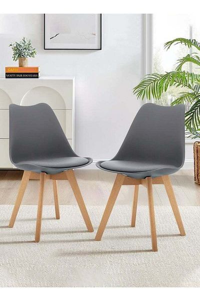 Taimi Pack of 2-Mid Century Modern Chair with Back Rest, Padded Seats and Solid Wood Legs, Gray
