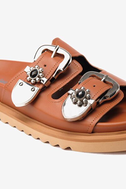 Seniorah Γυναικείες παντόφλες Taba Skin με διπλή χοντρή ταινία και πέτρα