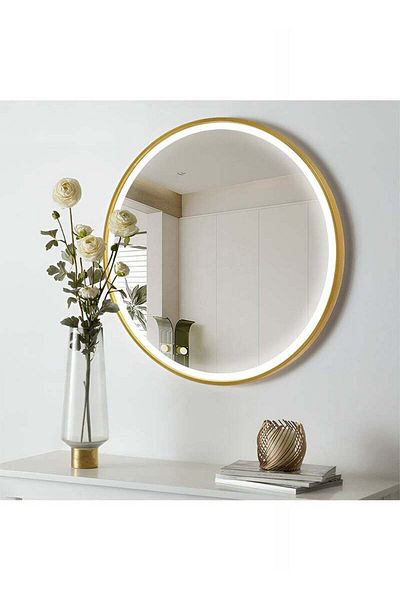 Taimi Set of 2 Round Mirrors with Gold Aluminum Frame and 3-Color LED Touch Front Light for Bathroom 80cm