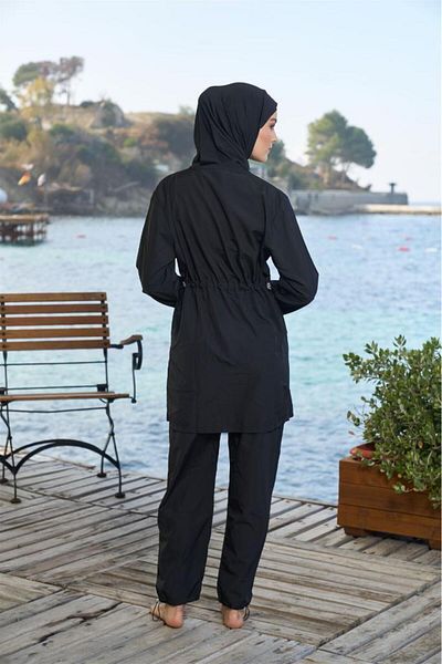 Estiva Plain Sleeve Leg Elastic Zipper Fully Closed Hijab Swimsuit