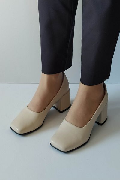 ERS Air Comfort Women's Beige Genuine Leather Classic Heeled Shoes Blunt Toe Simple Stylish